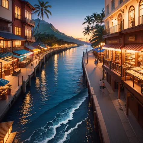 beautiful Hawaii, Lahaina ocean, boats Stores, Galleries, street, moon is full night (best quality，ultra - detailed, Illustration，Best shadow，masterpiece，A high resolution，professional artwork，famous artwork, In the style of Christian Riese Lassen Hawaii A...