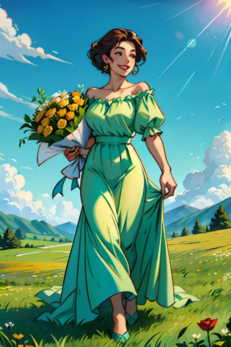 A young woman with a big smile, wearing a long flowing dress, holding a bouquet of roses, background is rolling hills of green grass, mood is happiness, joy, love, daytime light, summertime, character design.