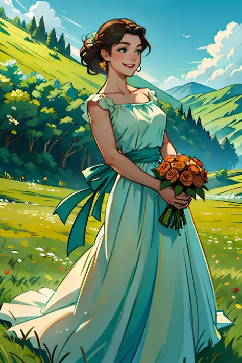 A young woman with a big smile, wearing a long flowing dress, holding a bouquet of roses, background is rolling hills of green grass, mood is happiness, joy, love, daytime light, summertime, character design.