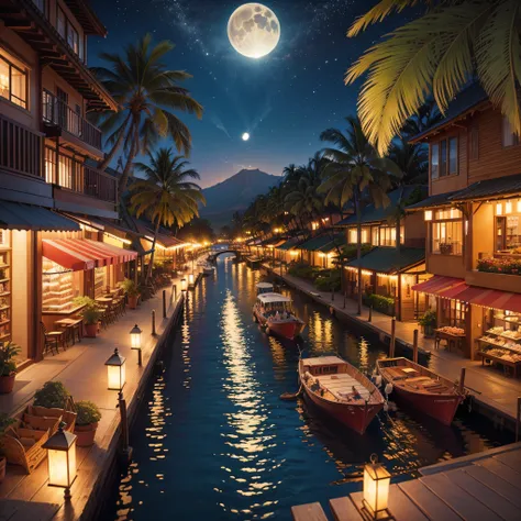 beautiful Hawaii, Lahaina ocean, boats Stores, Galleries, street, moon is full night, eye view (best quality，ultra - detailed, Illustration，Best shadow，masterpiece，A high resolution，professional artwork，famous artwork, In the style of Christian Riese Lasse...