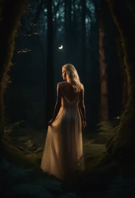 (A naked blonde girl in a dark forest at night),illustration,Detailed trees and leaves, ethereal atmosphere,(best quality,4k,8k,Altas,master part:1.2),vivid colors,soft lighting,beleza natural,silencioso e misterioso,sombras sutis,sereno e calmo,ambiente e...