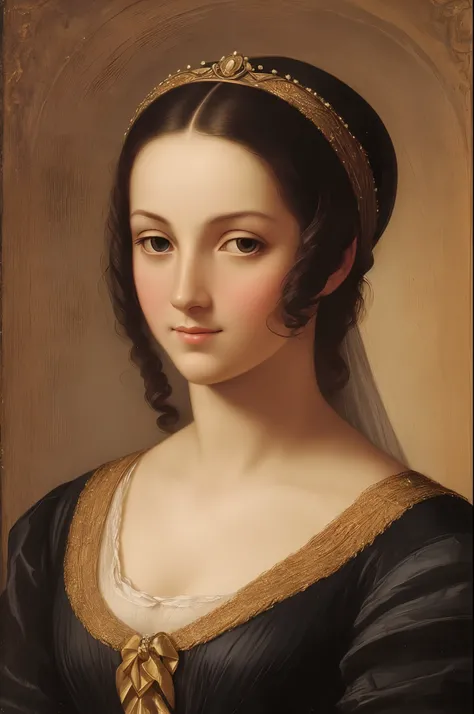 In the portrait "Lady with a veil" Or "A woman in a veil" Raphael, we see a girl in clothes of the XVI century, Renaissance, well-groomed thin eyebrows,,, elegant, Refined nose, expressive lips, powdered cheeks with a slight blush, Tidy-up dark hair and tr...