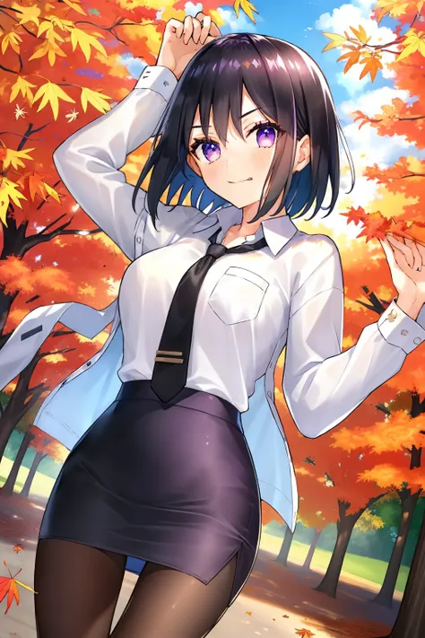 1girl in, solo, (black hair:1.15), purple eyes, short hair, white shirt, miniskirt, skirt, black skirt, pencil_skirt, cowboy sho...