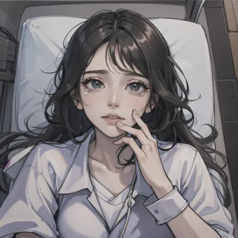 A woman with long black hair, wearing a hospital gown, lying on a hospital bed, tears, close-up of her face, background: hospital