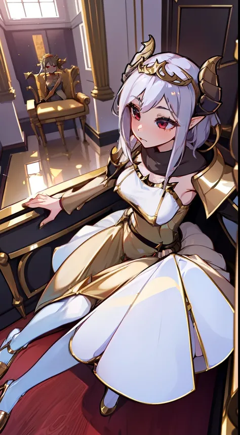 1girl 20 years,solo,serious face,light golden short dress,medium tits,white hair,short hair,red eyes,elves ears,golden horns,white pantyhose,gold high heels,((gold tiara)),Detailed,(long cape),(((sitting on the queen throne of a room inside a castle))),(((...