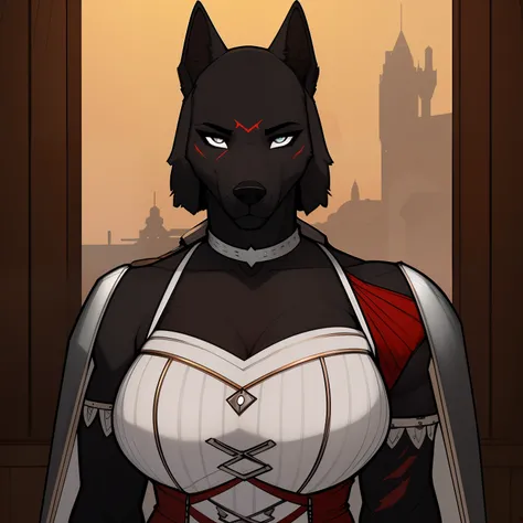 Tall_curvy_muscular_warhound female black_furry_body silver_eyes brothel medieval_prostitute_outfit scarred_body solo portrait Masterpiece best_quality absurdres highly_detailed cleanly_drawn_eyes anthro_only by_claweddrip, by_greasymojo, by_underscore-b, ...