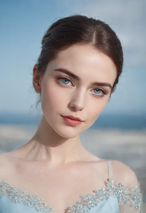 Flawless and pale skin, destacando delicadas sardas na ponta do nariz.
Olhos grandes e luminosos, of a light blue like the sky.
Finely arched eyebrows and naturally pink lips.