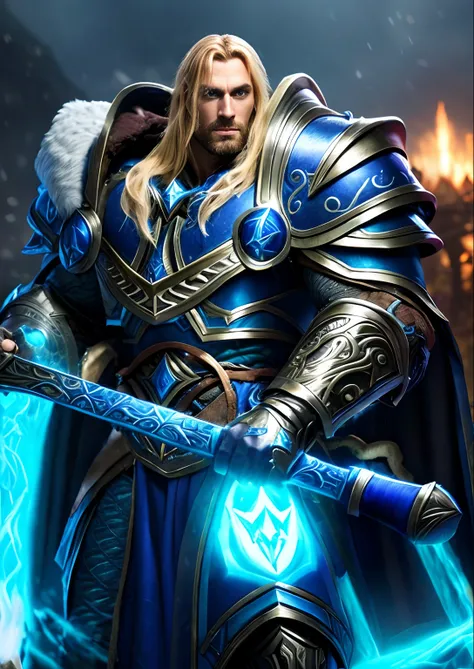 Nahaufnahme einer Statue eines Mannes mit einem Schwert, Arthas Menethil, arthas, Male Paladin, Warcraft-Charakter, A human male paladin, aus Warcraft, Portrait of Fin Wildcloak, jaina proudmoore, aus World of Warcraft, Hyperdetaillierter Fantasy-Charakter...