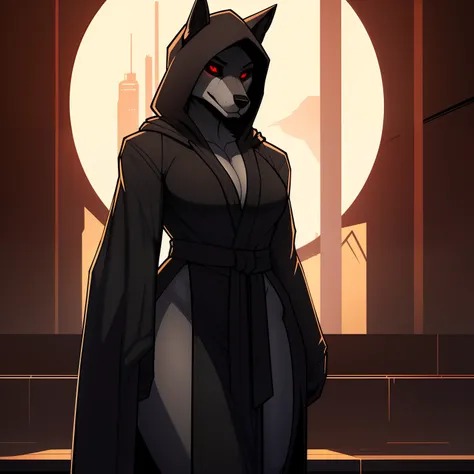 Tall_lanky_muscular_timberwolf wide_hips female dark_gray_furry_body red_iris black_sclera hooded_robes solo Masterpiece best_quality absurdres highly_detailed cleanly_drawn_eyes anthro_only by_claweddrip, by_greasymojo, by_underscore-b, by_runawaystride