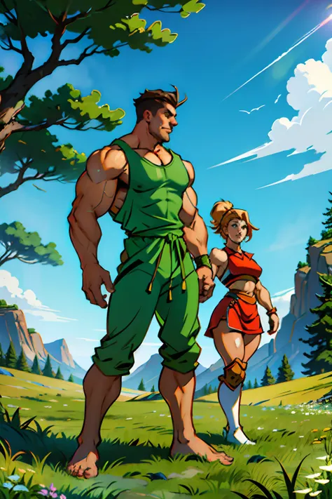 Male  and female bodybuilders, standing on a platform posing, flexing muscles, background is grassy hill with a tree, mood is firm commanding, high angle, daytime light, character design.