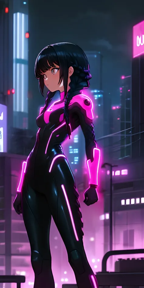 girl, braided black hair, a neon tightsuit, city background