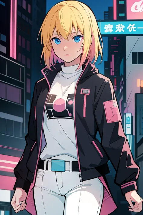 solo, 1girl, (masterpiece), ((16 year old appearance)), blonde hair, medium hair, blue eyes, anime girl, black jacket with pink ...