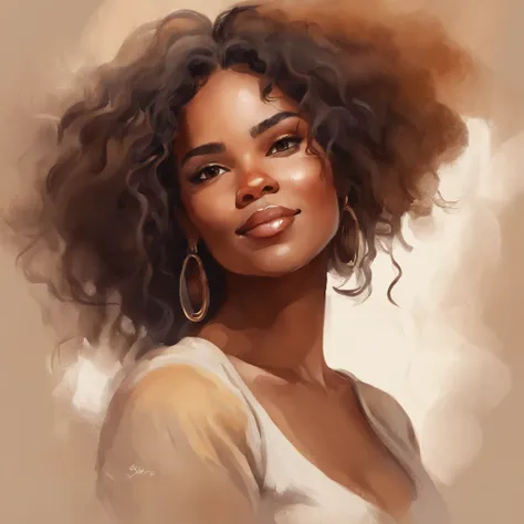 perfect face, full body, whole body, CHUBBY, Vintage watercolor pixar style, beautiful woman with brown curly long hair, dark tan skin tone,  happy face, head up, closed eyes , wind in hair, arms raised, a simple minimal art with soft colors, using Boho st...