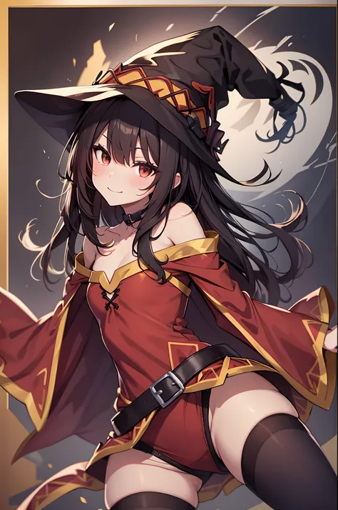 megumin, Assistant fou, 1 fille, seulement, witch hat, cheveux bruns, Cheveux longs et courts, yeux rouges, rougir, sourire diabolique, Choker noir, Clavicule, poitrine plate, dress with shoulders removed, Robe rouge, Manteau brun, manches longues, Gants n...