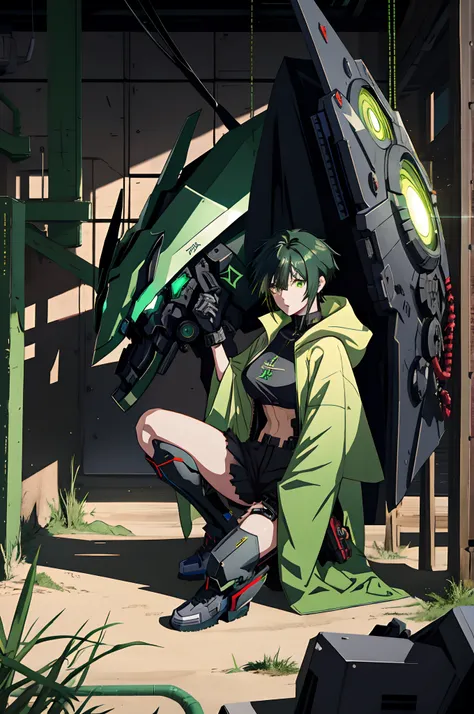 Anime girl sitting on the ground，Black cape and green hair, rogue anime girl, the anime girl is crouching, Wearing a cloak on the blasted plain, asuka suit under clothes!, holy cyborg necromancer girl, badass posture, mechanic punk outfit, anime styled 3d,...