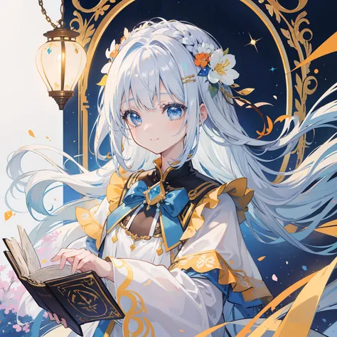 (Top image quality)、(ultra-detailliert)、(Facing the front)、top-quality、​masterpiece、(((1girl in)))、girl with、White hair((Longhaire))、Partial light blue、The hair、Braids、Floral hair ornament、Less hair ornaments、Light blue ribbon、Cute smile、A slight smil、Fluf...