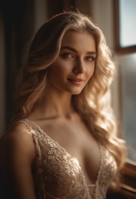 RAW, analog, Nikon Z 85mm,((best quality)), ((masterpiece)), ((realistic)),vintage image, gorgeous russian woman, blond, 22 year old, posing in a hotel wearing lingerie, wearing lingerie petite, smile with teeth showing, ((small breasts)), intricate detail...