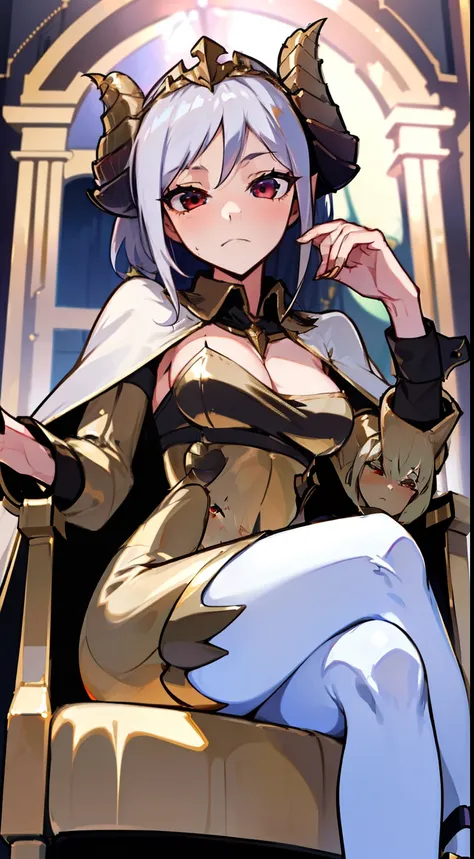 1girl 20 years,solo,serious face,light golden short dress,medium tits,white hair,short hair,red eyes,elves ears,golden horns,white pantyhose,gold high heels,((gold tiara)),down-up view,crossed legs,Detailed,(long cape),(((sitting on the great throne of a r...