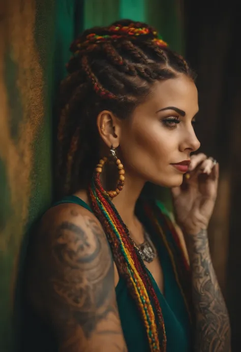 mulher branca com o rosto tatuado, with hair with Rastafarian braids, tatuagem no rosto