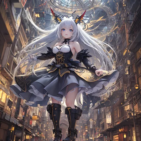 （（best qualtiy））， （（tmasterpiece））， （detaileds：1.4）， 。.。.3D， Android Mage Girls， Mechanical body， Off-the-shoulder fashion that fuses dense and sophisticated steampunk with dense gothic lolita， Has a very large mechanical weapon，Ice Magic， Countless large ...