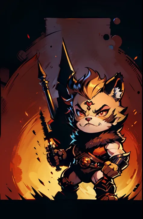 1young warrior, baby face ,chibi, anthropomorphic, golden fur, big red eyes,warrior with one weapon, character 1:1, dynamique pose, simple dark background