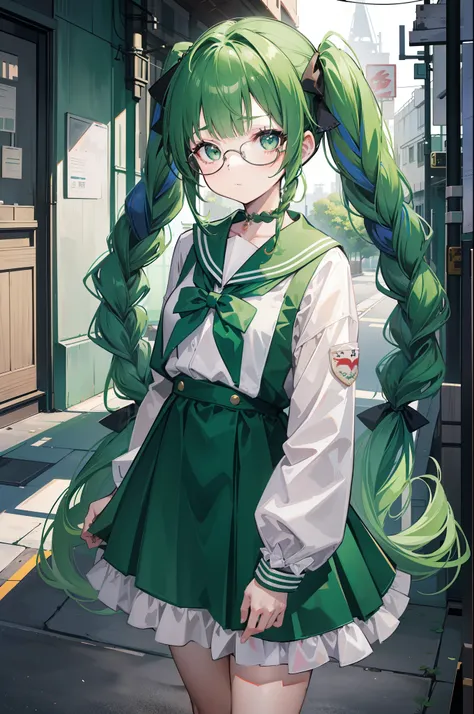 1 girl in、Green hair、Longhaire、(twin braids)、Wearing a sailor suit、pigtails、wears glasses、an eye patch、dark alley、Green bowed girl standing in a dark alley、​masterpiece、top-quality