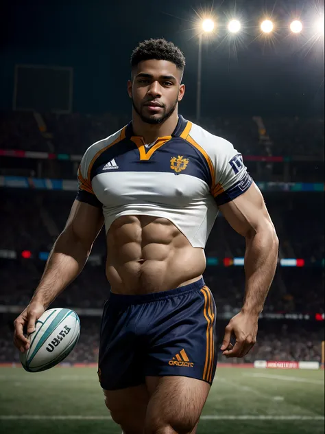 masterpiece, best quality, high resolution, closeup portrait, male focus, solo focus, muscular, burly, hairy, male, a black man, a rugby player, 18 years old, perfect body, dark skin, body hair, facial hair, a football field in the background, full body, a...