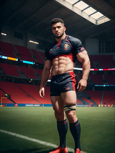 masterpiece, best quality, high resolution, closeup portrait, male focus, solo focus, muscular, burly, hairy, male, a black man, a rugby player, 18 years old, perfect body, dark skin, body hair, facial hair, a football field in the background, full body, a...