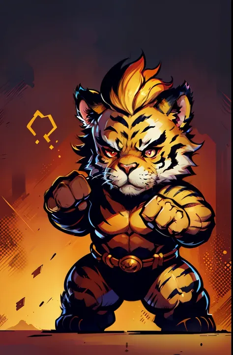 1young tiger, baby face tiger ,chibi, anthropomorphic, golden fur, big red eyes,unbreakable warrior with, character 1:1, dynamique pose, simple dark background