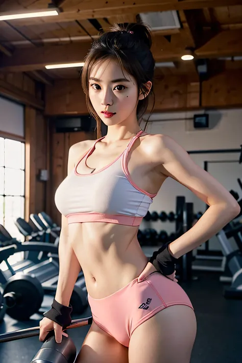 1girl in、sports gym、The upper part of the body、a closeup、8K、Raw photography、top-quality、​masterpiece、realisitic、Photorealsitic、fitness wear、