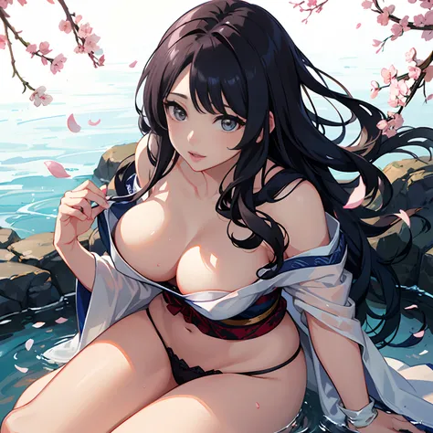 best quality,ultra-detailed,realistic,Kamisato Ayaka,beautiful detailed eyes,beautiful detailed lips,blue and white kimono,flowing black hair,serene expression,graceful posture,traditional Japanese garden,falling cherry blossoms,vivid colors,soft lighting,...