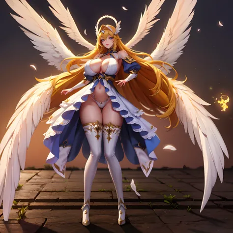 Quality over 8K, a female angel,Sexy,Long Blonde Hair,Anime,Goddess,Symmetrical blue eyes,Ultra detailed eyes,Transparent lingerie,forest,Sword,golden wings,Full body,hyperdetailed lips, hyperdetailed face, Double eyelids, Ultra Detailed feet,で,Beautiful l...