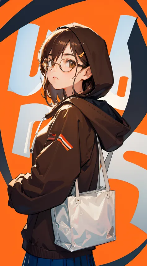 masterpiece, best quality, 1girl, brown hair, medium hair, hoodie, retro glasses, simple background