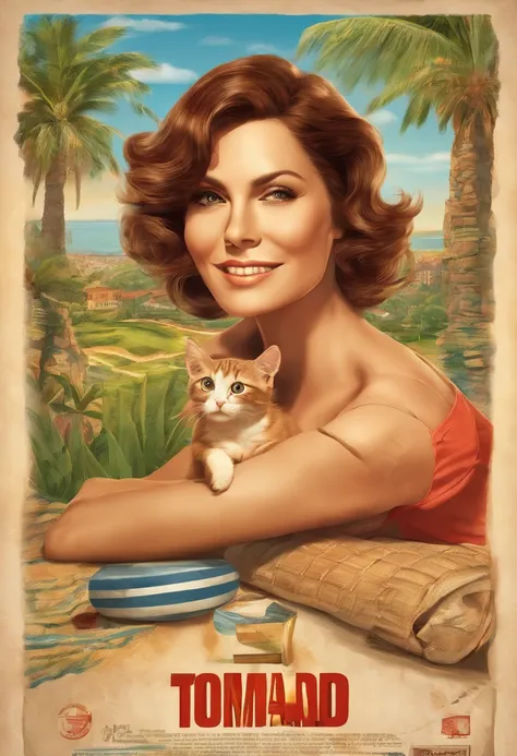 Attractive 45-year-old woman, with short brown hair on the sides of the head, algo de flequillo, auburn eyes, tomando el sol en biquini tumbada en una hamaca y con una regadera al lado, con una casa de campo de fondo antigua y un gato por las inmediaciones...