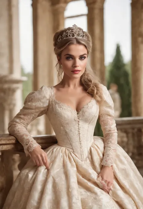 full body, godess, face of carmen electra, woman around 26 years old, blonde, distinctive brown eyes, slender and graceful, beautiful, ultra sharp focus, realistic shot, rococo queen, white royal dress, in victorian aristocrat, intricate victorian dress, d...