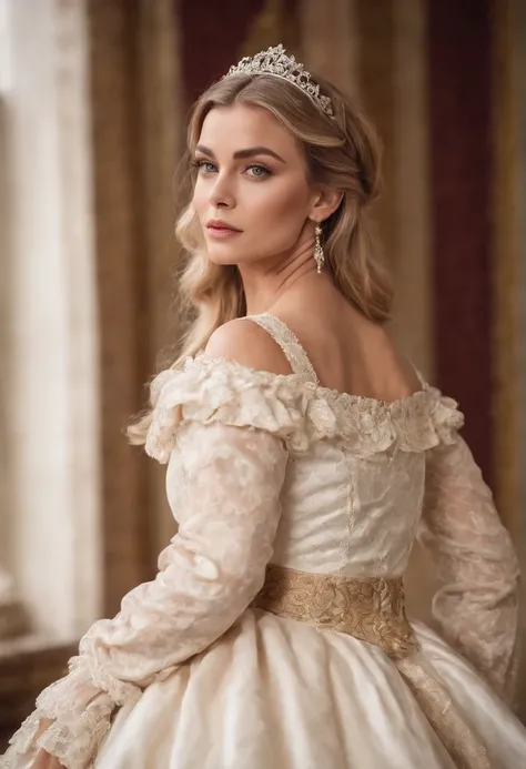 full body, godess, face of carmen electra, woman around 26 years old, blonde, distinctive brown eyes, slender and graceful, beautiful, ultra sharp focus, realistic shot, rococo queen, white royal dress, in victorian aristocrat, intricate victorian dress, d...