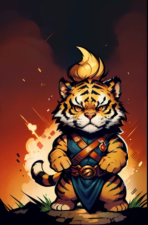 1young tiger, baby face tiger ,chibi, anthropomorphic, golden fur, big red eyes,unbreakable warrior with, character 1:1, dynamique pose, simple background