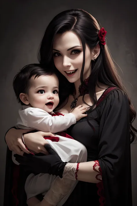 vampire mom holding her baby with sharp teeth