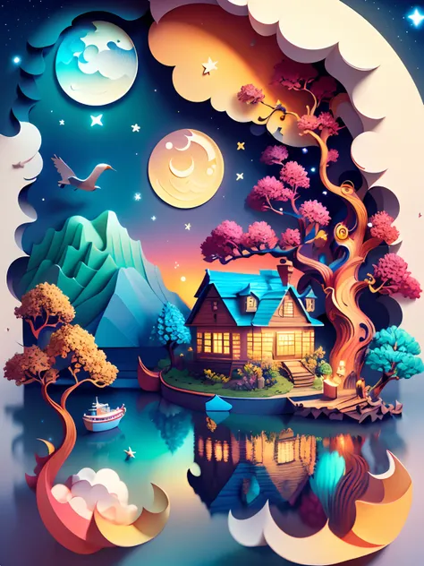 (((masterpiece))),best quality, illustration,  sky, cloud, water, star (symbol), tree, no humans, night, bird, moon, building, small island, star (sky), night sky, scenery, starry sky, watercraft, small house, ship, waves, boat. vibrant color scheme, Soft ...