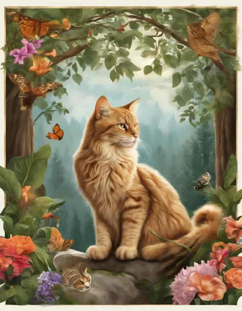 Cat & Wildlife Design Poster, Ultra HD quality, Extremely delicate, Rich in color, Wildlife communities, Light with dramatic effect, Dense woods, Natural light, Highlighted protagonist owl, Other wildlife surrounds the surroundings, Surrounded by flowers a...