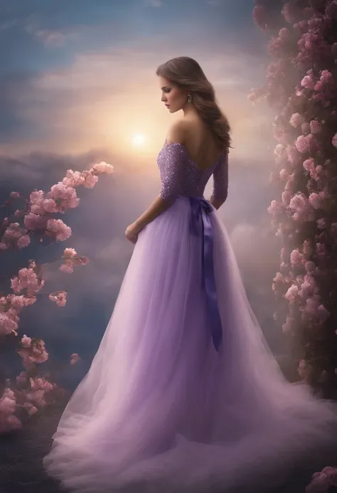 (extremamente detalhado, best quality), floating, an extremely delicate and beautiful dreamlike scene,, , [(1girl),(cabelo roxo longo), Rosto detalhado, neck ribbon, Vestido azul elegante, standing on a cloud, (tiro largo), (Atmosfera misteriosa):1.5],, , ...