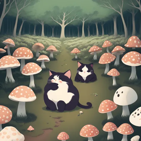 Cute monsters that resemble cats, Cute girl with mushroom hair, illustrations, Pop Art, Definite black outlines, White background, A forest of mushrooms, Full-body, Doodle Art, simple illustration