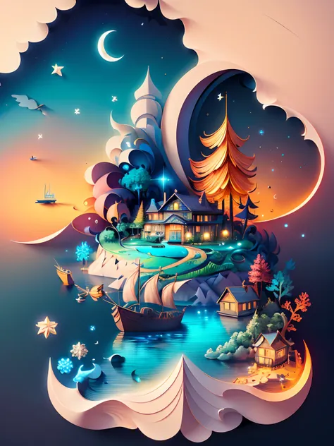 (((masterpiece))),best quality, illustration,  sky, cloud, water, star (symbol), no humans, night, bird, moon, building, small island, star (sky), night sky, scenery, starry sky, watercraft, small house, ship, waves, boat. vibrant color scheme, Soft light,...