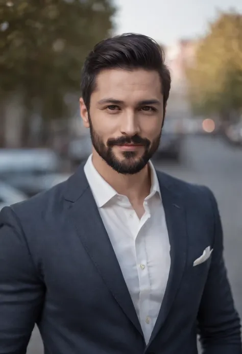 Sigma man, judgmental, black hair beard, muscular, smiling slyly, wearing casual suit, Turkish, ultra realistic portrait