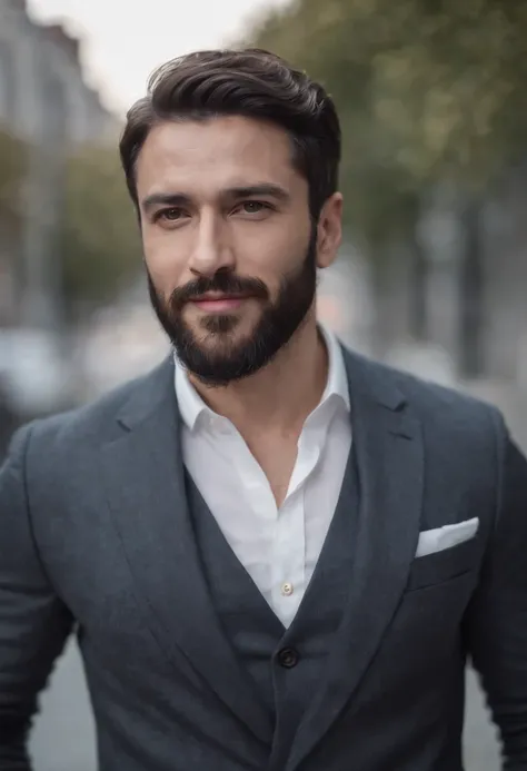 Sigma man, judgmental, black hair beard, muscular, smiling slyly, wearing casual suit, Turkish, ultra realistic portrait