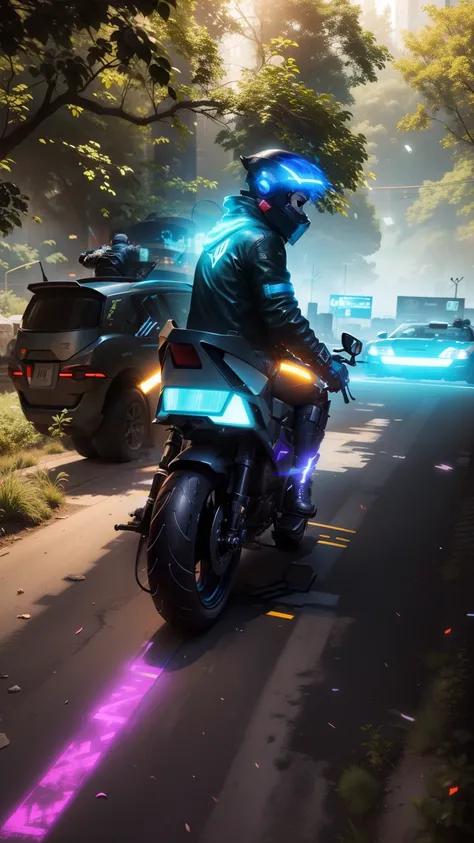 Super bike , change background cyberpunk boy, realistic