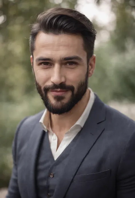 Sigma man, judgmental, black hair beard, muscular, smiling slyly, wearing casual suit, Turkish