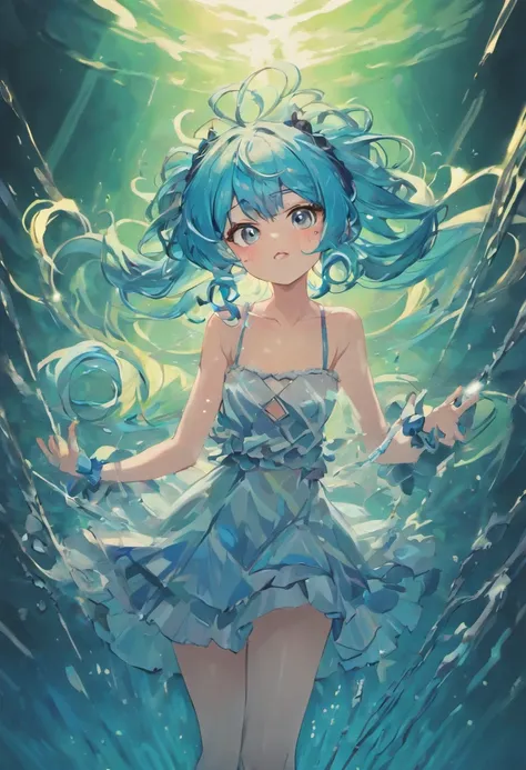 (best quality,4k,8k,highres,masterpiece:1.2),ultra-detailed,(realistic,photorealistic,photo-realistic:1.37),little,young woman,anime style,blue hair,with a scaly dress,beautiful tentacle-like hair,like an expression of insanity,water fences and tentacles c...