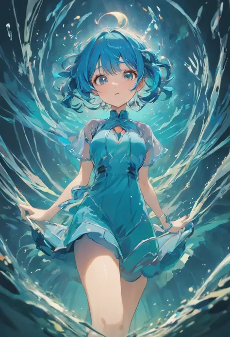 (best quality,4k,8k,highres,masterpiece:1.2),ultra-detailed,(realistic,photorealistic,photo-realistic:1.37),little,young woman,anime style,blue hair,with a scaly dress,beautiful tentacle-like hair,like an expression of insanity,water fences and tentacles c...