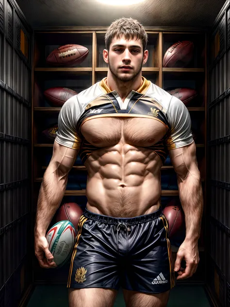 masterpiece, best quality, high resolution, closeup portrait, male focus, solo focus, muscular, burly, hairy, male, (no shirt: 1.2), a rugby player, 18 years old, perfect body, body hair, facial hair, wearing a jockstrap, a football locker room in the back...